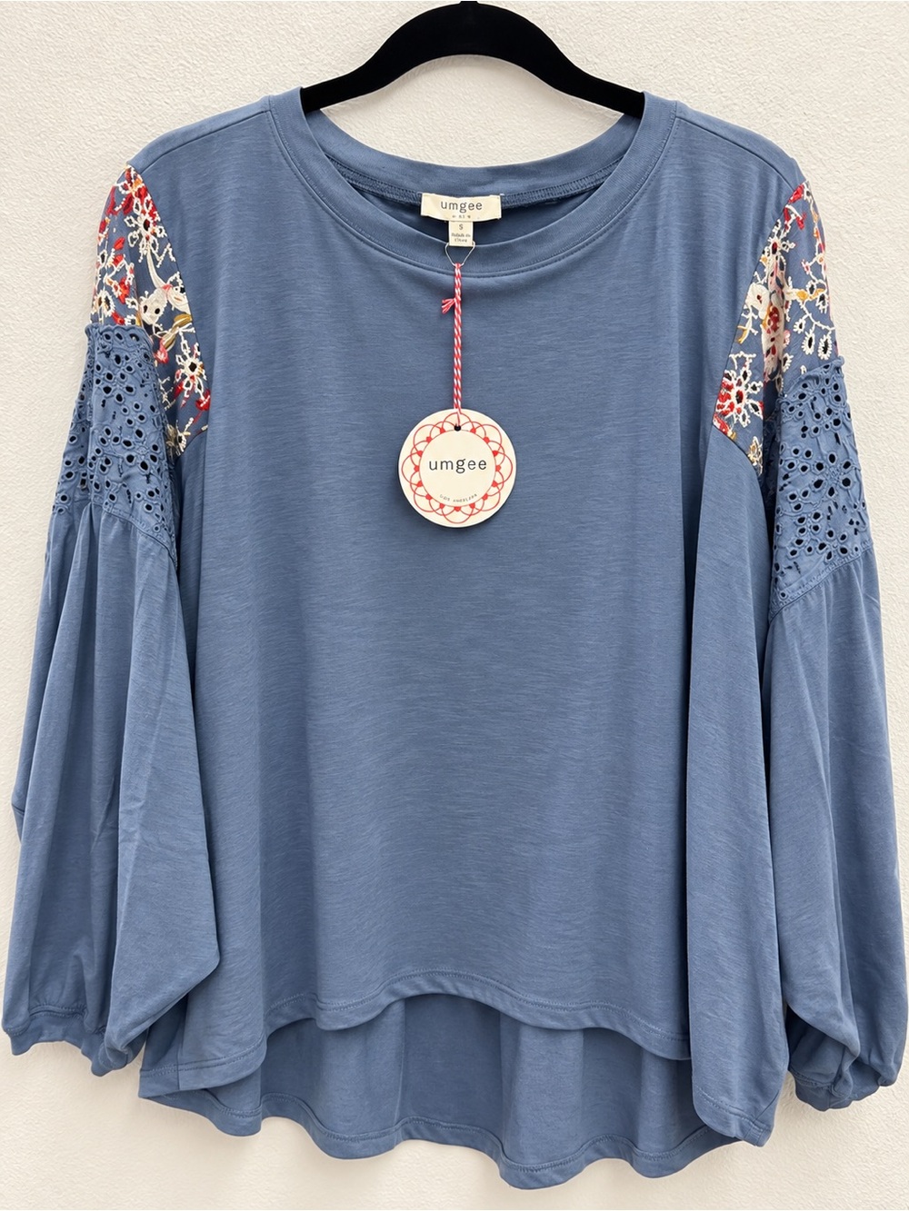 Umgee Dusty Blue Floral Crochet-Sleeve Long Sleeve Top